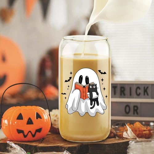 Halloween Ghost Cat Glass Cup 16Oz Iced Coffee Mug with Lids & Straws - Spooky & Cat Variation