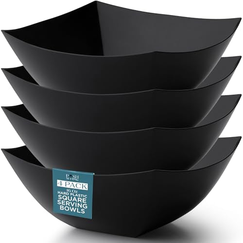 16oz Black Plastic Serving Bowls - Pack of 4, Square Disposable Party Dishware
