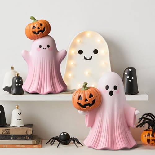 Pink Halloween Ghost Figurine with Pumpkin Indoor Decor - LifeNest