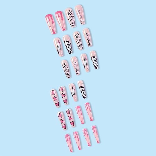Halloween Fake Nails Long Coffin Pink False Nails with Ghost & Heart Designs Style-5 - 24 pcs