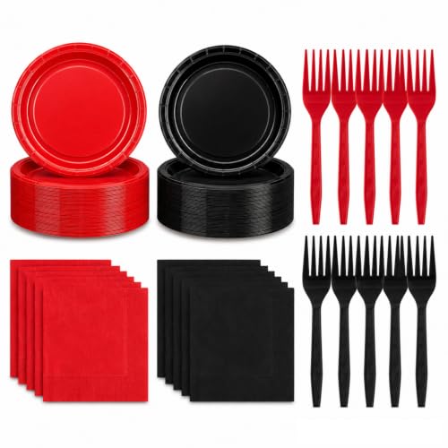 Red and Black Disposable Paper Dessert Plate & Napkin Set for Parties