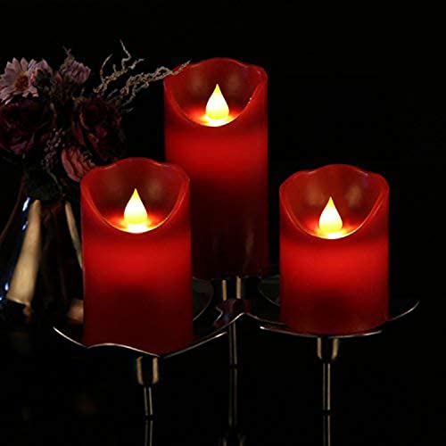 Red Flickering LED Candles Set of 3 - Real Wax Flameless Pillars with Remote & Timer