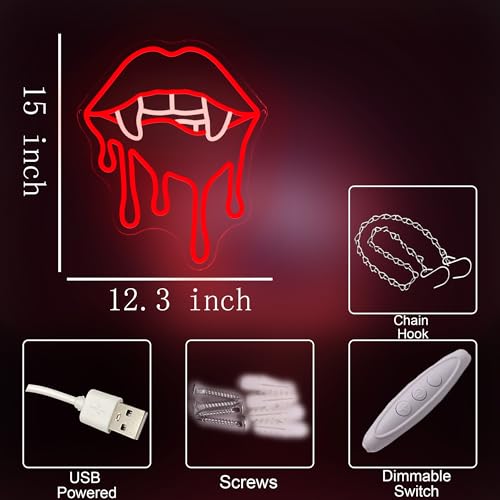 Vampire Fangs Neon Sign - Red Lips LED Light for Halloween & Gothic Decor - Chip-Red Variation