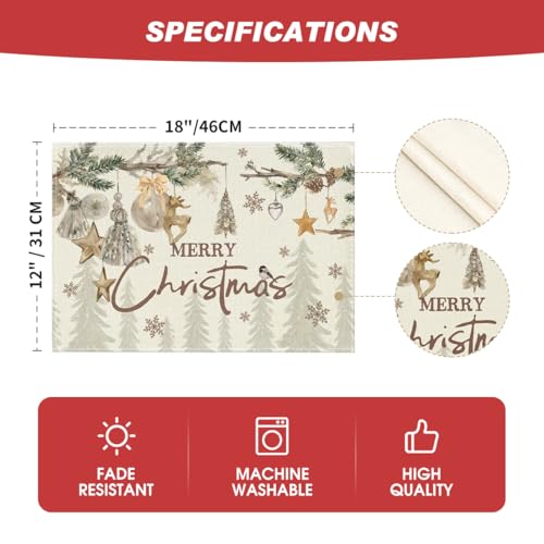 Seasonal Pine Branch Christmas Placemats Set of 4 - 12x18 Inch Rectangular Beige