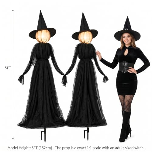 Hourleey Halloween Witch Stakes Outdoor Decorations - Lighted 5FT Set of 3 with 8 Light Modes