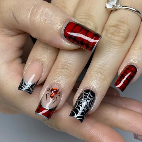 Halloween Press On Nails Medium Square Silver Spider Web with Rhinestones - Spider Design