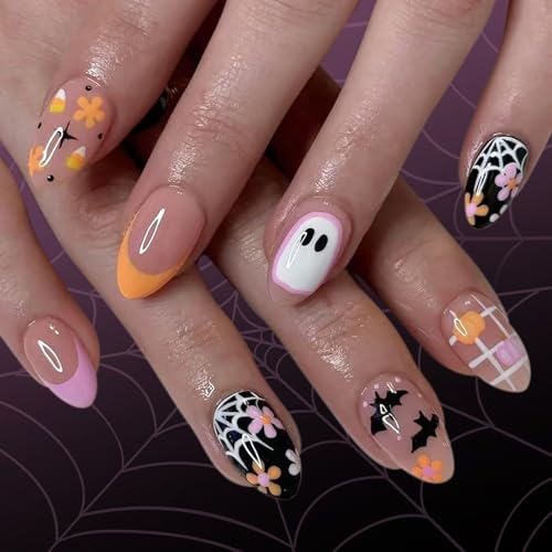Halloween Short French Press-On Nails with Ghost Bat Pumpkin Flower Tips - Variation 13