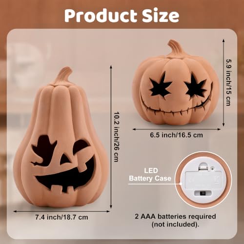 Set of 2 Terracotta Halloween Pumpkins with LED Lights - Indoor & Outdoor Decor