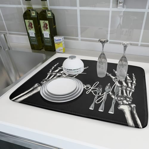 Halloween Skeleton Dish Drying Mat 24x18 Inch Microfiber Absorbent Kitchen Counter Decor