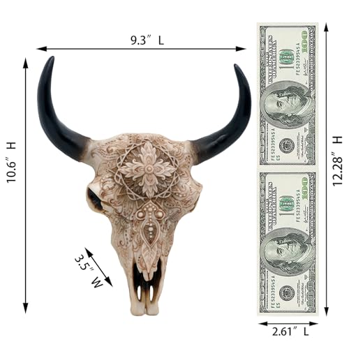 Boho Cow Skull Wall Decor - 9.3 Inch Faux Animal Skull for Western & Bohemian Rooms