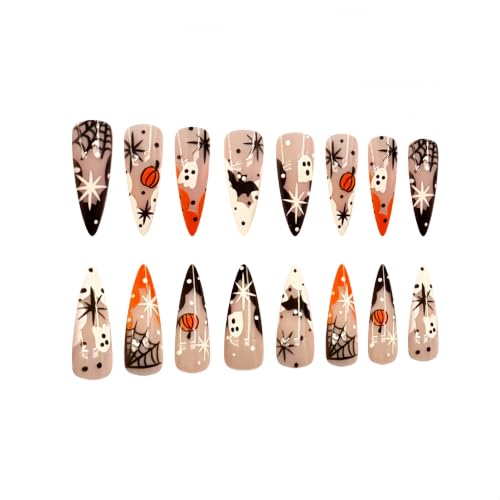 Halloween Press On Nails - Orange Pumpkin Design with Ghost, Bat & Full Cover Glue On Nails - 24Pcs