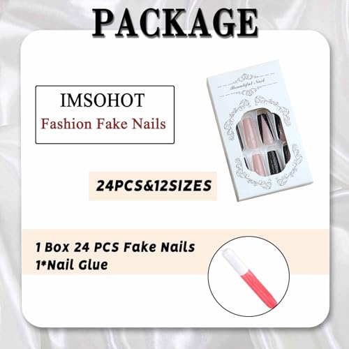 Press On Nails Long Square False Nails Black French with Rhinestones - Variation 89-20Black
