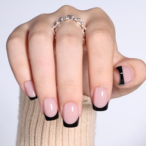 Black French Tip Press On Nails Kit - Short Square Fake Nails with Glue & Tools - Variation 7C Bare Eclipse