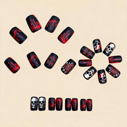Halloween Press on Nails - Spooky Skull & Red Rose Short Square Fake Nails H19