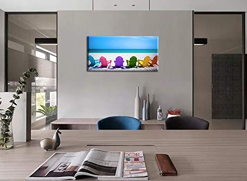 Beach Canvas Wall Art for Living Room - Blue Sea with Colorful Chairs 48" x 24"