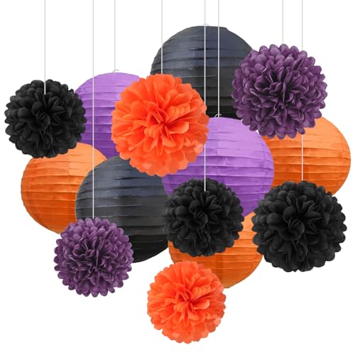Halloween Paper Lanterns & Tissue Pom Poms Set - Black Orange Purple 18 Piece
