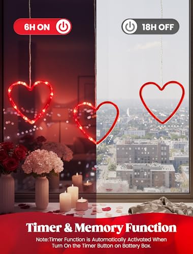 Valentine's Day Heart Window Lights - Red 30 LED Battery & USB Powered, Timer