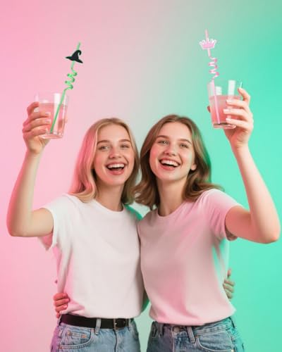 Pink and Green Reusable Witch Hat & Crown Drinking Straws - Party Favors Set of 12