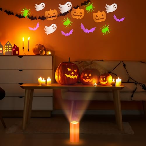 Halloween Ghost Flameless Candle with Projector Lights - Spooky Decor, Remote Control, Battery Operated - Variation: Halloween