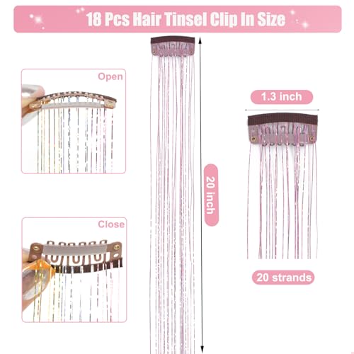 20 Inch Pink Hair Tinsel Clip-In Extensions - Sparkling Glitter Hair Accessories - 18Pcs