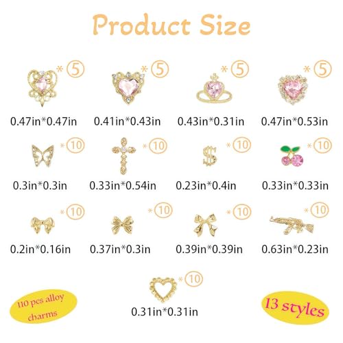Pizadix 110 Pcs Gold Pink Nail Charms Set - Heart, Cherries, Bows & More, Variation: Gold Pink
