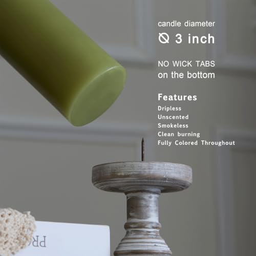 3x4 Inch Unscented Olive Green Candle Set - Dripless Moss Green Pillar Candles, Rustic Home Decor