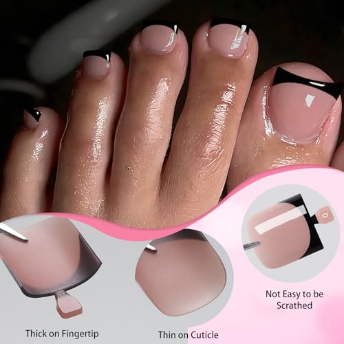 150pc Black French Tip Press On Toenails - Brown Short Square Style - Variation A