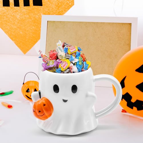 Halloween Ghost Mug with Pumpkin - 20 oz Ceramic Coffee Cup, White, Orange & Black Variation