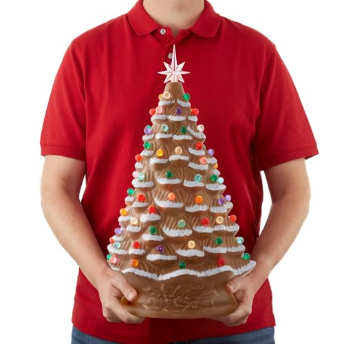 Brown Hand Painted Ceramic Christmas Tree - 18 Inch Pre-Lit Holiday Decor with Multi Color Lights & Star Toppers
