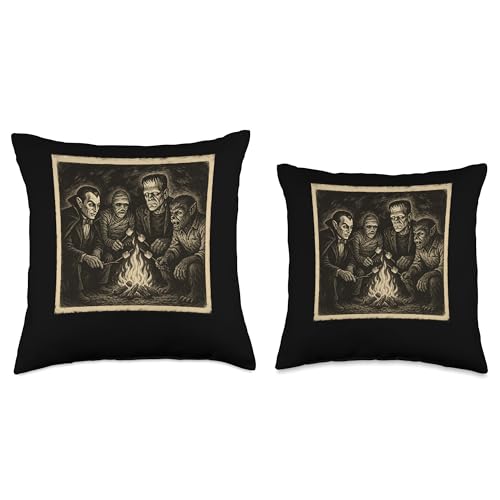 Classic Monsters Campfire Halloween Throw Pillow 18x18 - Spooky Movie Night Decor