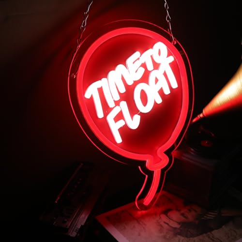 Neon Sign Wall Decor - 'Time to Float' Creepy Clown & Red Balloon, Dimmable Acrylic Light, Halloween Horror Gift - Variation: Red IT FLOAT