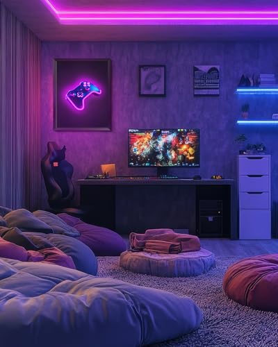 Neon Game Controller Wall Art with LED Glow - Purple/Blue Cyberpunk Decor for Gaming Rooms & Bedrooms - 20L x 16W - Black Frame Variation