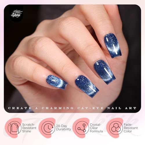 Blue Sparkle Cat Eye Gel Nail Set - No Base or Top Coat Needed, Magnetic Effect