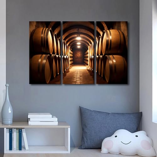 3 Panels Framed Canvas Wall Art Beer Barrel Stacked in Vault - 42x28 in Variation of THIS listing