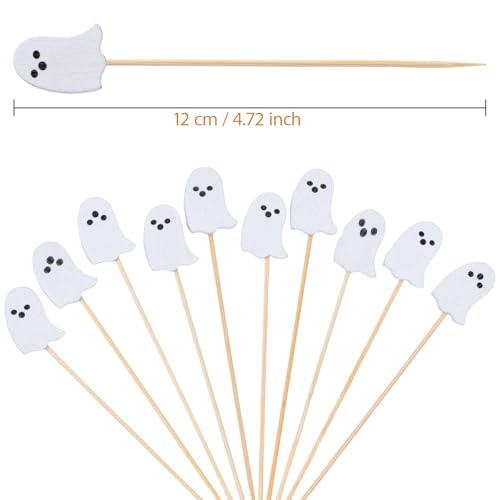 Halloween Ghost Cocktail Picks - 100 Natural Bamboo Toothpicks for Appetizers & Decorations