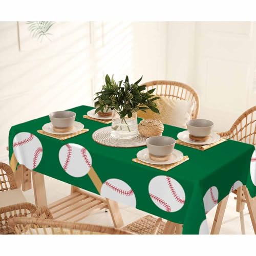 Baseball Balls and Bats Tablecloth 60x84 Inch Rectangular Party Decor - White Red Brown