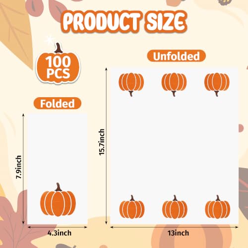 Fall Pumpkin Paper Napkins - 100 Pack Disposable Guest Towels for Autumn