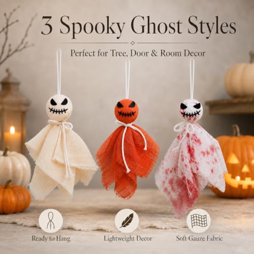 Halloween Ghost Hanging Ornaments - Set of 3, 8.7 Inch Farmhouse Rustic Decor for Haunted House & Yard