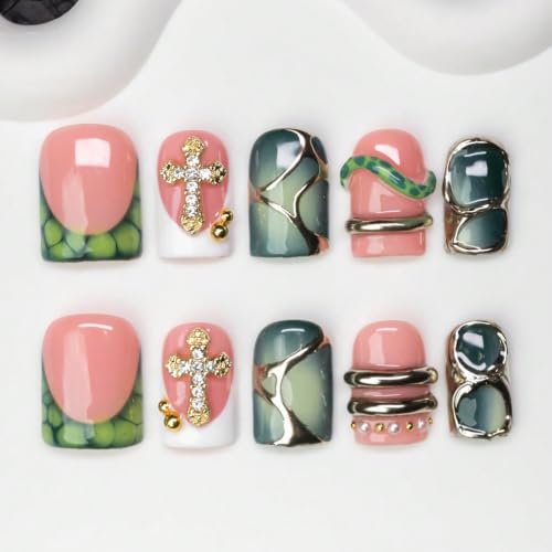 Handmade Short Square Press On Nails - Nude Pink Green Marble Gradient with Rhinestones & Charms - Style21 S