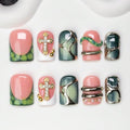 Handmade Short Square Press On Nails - Nude Pink Green Marble Gradient with Rhinestones & Charms - Style21 S