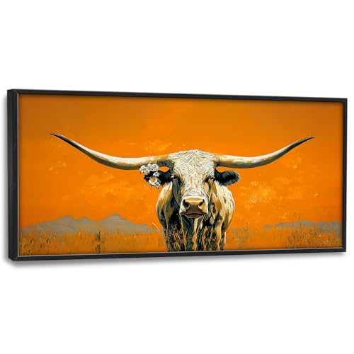 Western Longhorn Steer Wall Art - Framed Canvas Painting for Living Room & Bedroom - 60L x 30W