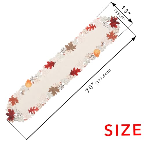 Fall Halloween Linen Textured Table Runner 70 Inch with Embroidered Maple Leaves