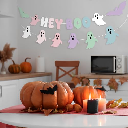 Pastel Halloween Ghost & Bat Garland Set - Cute Ghost Decor for Fireplace Mantle - Variation: Pastel