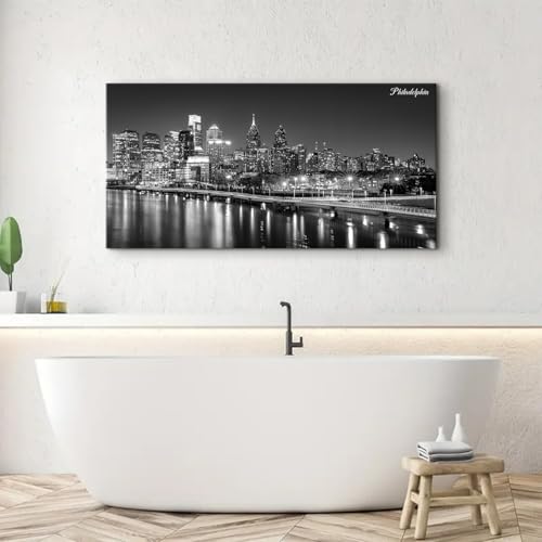Philadelphia Skyline Wall Art Canvas - Black & White Cityscape, 48 x 24 Inches - Night View Cityscape Poster for Home & Office Decor