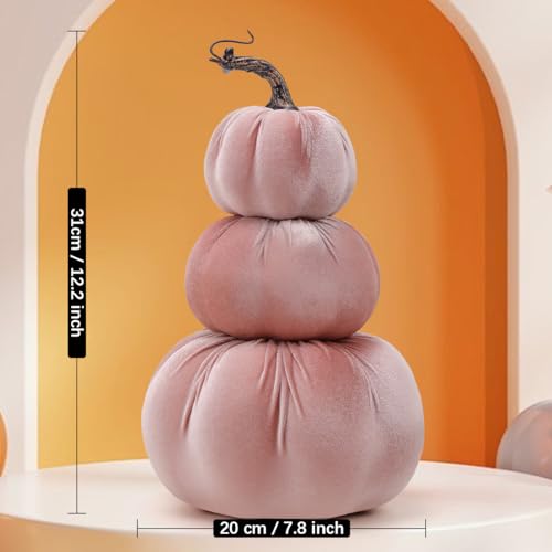 Pink Velvet Stacked Pumpkin Tower Fall Halloween Thanksgiving Home Decor - 12 Inch