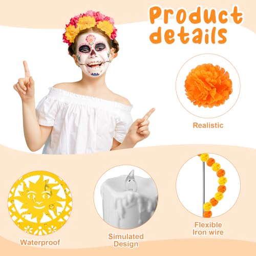 Day of the Dead Decoration Set with Marigolds Butterfly Banners Votive Candles - Orange and Yellow