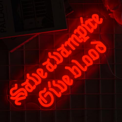 Red Save A Vampire Give Blood Neon Sign - Dimmable Gothic Horror Wall Decor for Home Bar Bedroom Halloween Spooky Gift