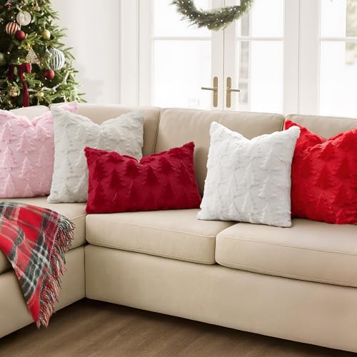 22x22 Holiday Christmas Throw Pillow Covers Set of 2 - Red Tree Design Soft Plush Faux Wool Winter Home Decor