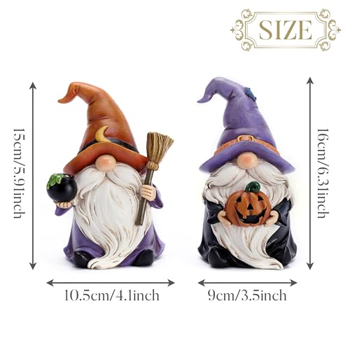 Large Halloween Gnome Decor Set - 2 Resin Figurines with Witch Hat & Broom, Indoor & Outdoor - Valery Madelyn