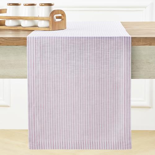 Pure Linen Table Runner 14x90 Inches - Pink and White Stripe, Handcrafted, Eco-Friendly